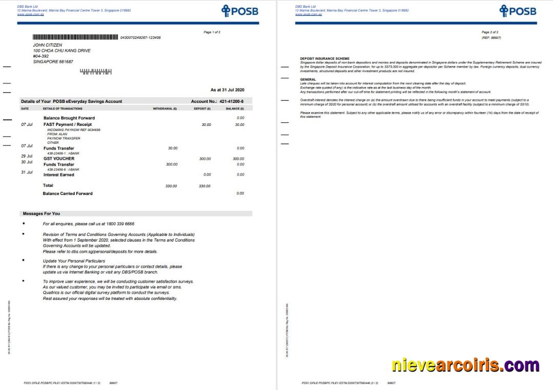 Singapore DBS bank statement in Word and PDF format, 2 pages